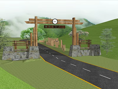 Wooden Entrance Gate With Welcome Sign In Scenic Hills Green Grass And Tree Surroundings 3d model