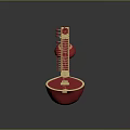 Traditional Red Sitar Instrument With Long Neck Strings Tuning Pegs And Circular Resonators