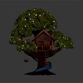 Wooden Tree House Building On Tall Tree With Green Leaves Pink Flowers And Slide