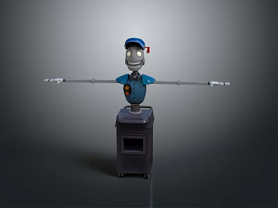 Cartoon Robot In Blue Cap Outfit With Extended Arms And White Tools On Black Oven 3d model