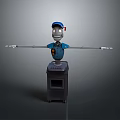 Cartoon Robot In Blue Cap Outfit With Extended Arms And White Tools On Black Oven