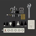 Electronic Electrical Components Collection With Power Socket Plugs Switch And Wrench Tools 3d model