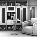 Classic Wooden Bookcase Interior With Glass Doors Open Shelves And Purple Armchair