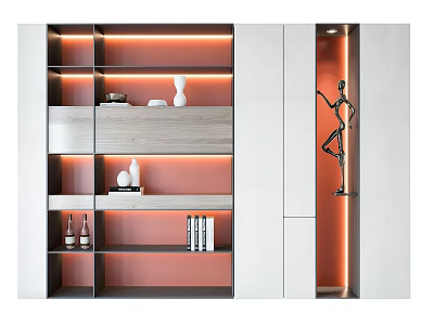 Modern Layered Bookcase With Warm Lighting Vases Wine Bottles Books And Sculpture 3d model