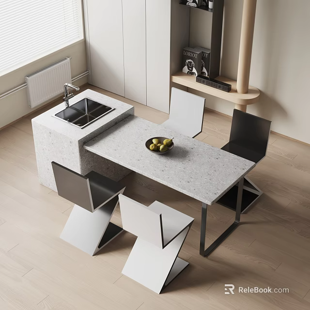 Modern Dining Table Set With Stone Top And Sleek Chairs For Minimalist Interior 3d model 