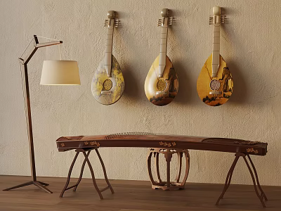 Traditional Musical Instruments Display With Wall Mounted Lutes Guzheng And Floor Lamp 3d model