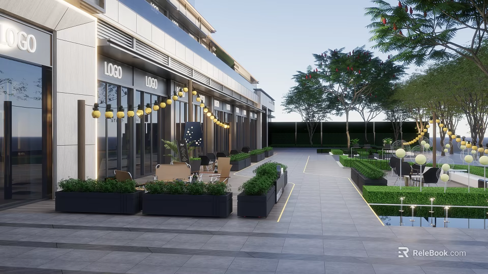 Modern Commercial Landscape With Building Logo Hanging Yellow Lanterns Flower Pots Trees And Lawn 3d model 