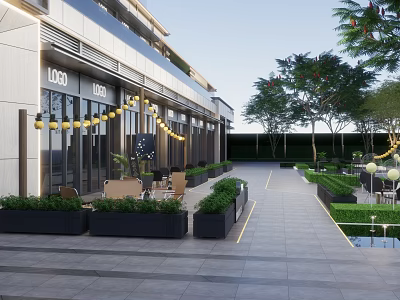 Modern Commercial Landscape With Building Logo Hanging Yellow Lanterns Flower Pots Trees And Lawn 3d model