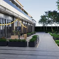 Modern Commercial Landscape With Building Logo Hanging Yellow Lanterns Flower Pots Trees And Lawn