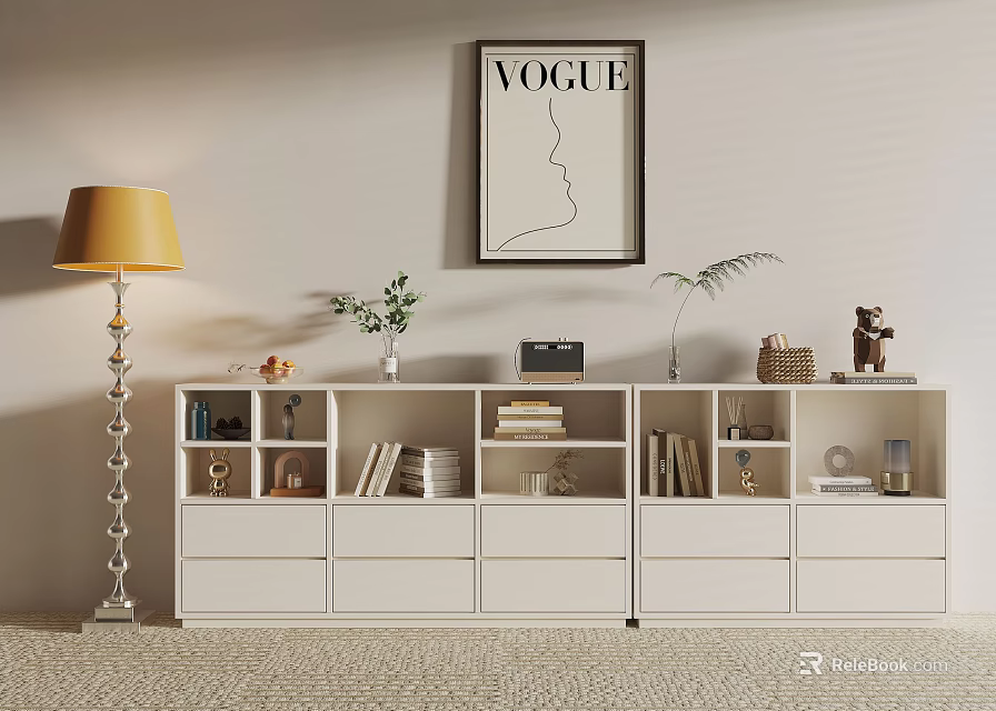 Modern Interior With White Storage Cabinet Vogue Poster Yellow Floor Lamp And Green Plants 3d model 