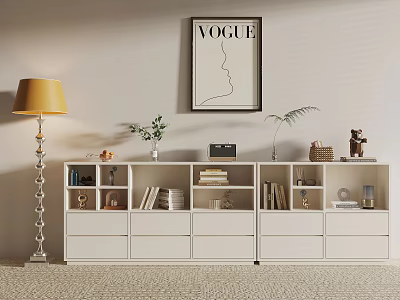 Modern Interior With White Storage Cabinet Vogue Poster Yellow Floor Lamp And Green Plants 3d model