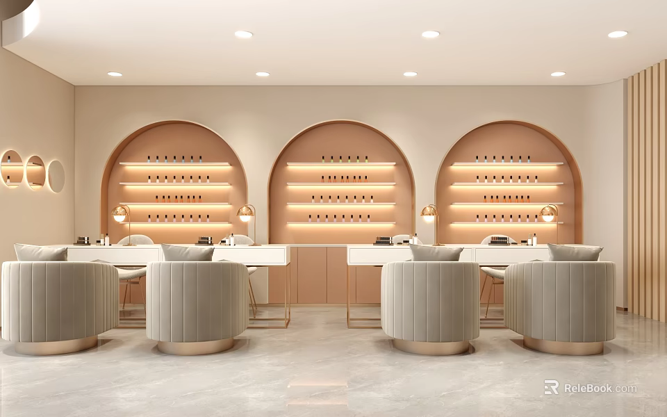Luxury Beauty Hair Salon Interior With Arched Doorways Wine Racks Beige Sofas White Tables Lighting 3d model 