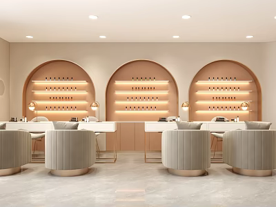 Luxury Beauty Hair Salon Interior With Arched Doorways Wine Racks Beige Sofas White Tables Lighting 3d model