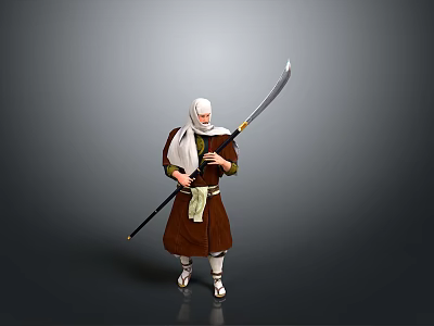 Man Wearing Traditional Outfit Holding Long Sword Standing in Gray Background 3d model