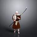 Man Wearing Traditional Outfit Holding Long Sword Standing in Gray Background