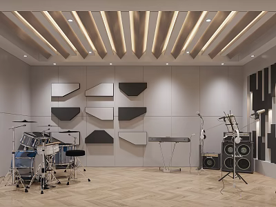 Modern Music Studio With Drums Keyboard And Speakers 3d model