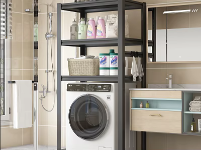 Modern Storage Shelf In Laundry Room With Washing Machine Cleaning Supplies Basket And Towel 3d model