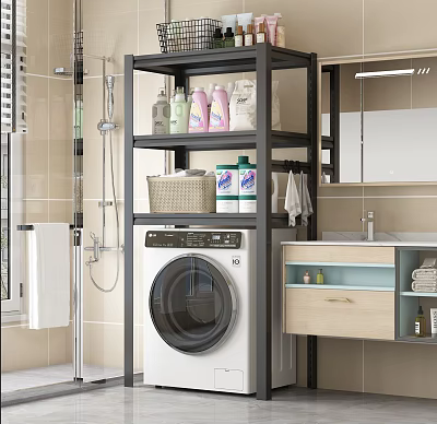 Modern Storage Shelf In Laundry Room With Washing Machine Cleaning Supplies Basket And Towel 3d model