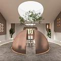 Modern Dessert Shop Interior with Dome Structure Green Plants Arched Walls and Soft Lighting