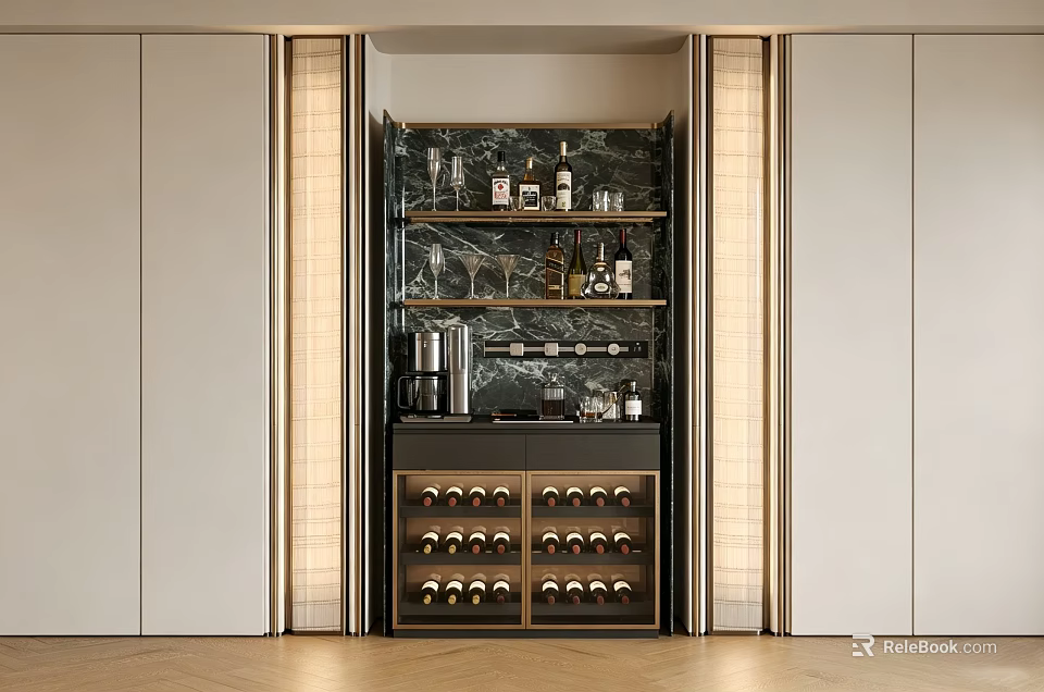 Modern Luxury Built In Wine Cabinet With Marble Backdrop And Warm Side Ambient Lighting 3d model 