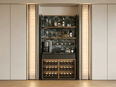 Modern Luxury Built In Wine Cabinet With Marble Backdrop And Warm Side Ambient Lighting 3d model