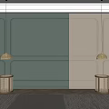 Green And Beige Paneled Accent Wall With Gold Pendant Lights Woven Stools And Herringbone Rug