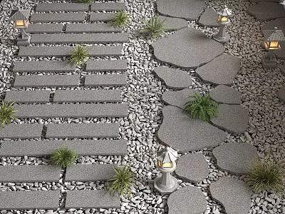 Natural Rockery Stones With Stone Paths Decorative Lanterns Pebbles And Small Plants 3d model