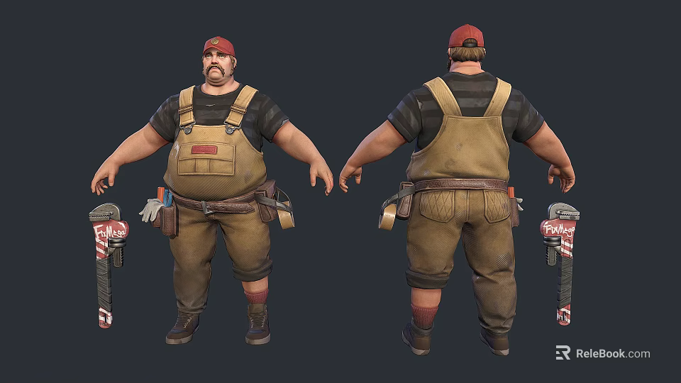 Man Wearing Red Cap Black Striped Shirt And Brown Overalls With Tool Belt And Saw 3d model 