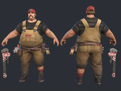 Man Wearing Red Cap Black Striped Shirt And Brown Overalls With Tool Belt And Saw 3d model