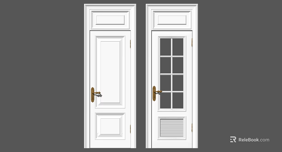 White Swing Doors Featuring Solid Wood Panel Glass Louver And Golden Handle 3d model