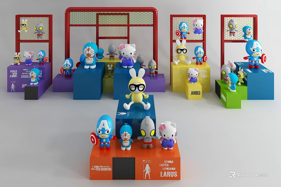 Colorful Dolls Display Featuring Various Characters On Multicolored Stands And Sports Themed Setup 3d model 