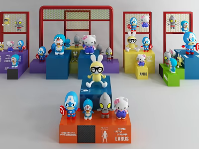 Colorful Dolls Display Featuring Various Characters On Multicolored Stands And Sports Themed Setup 3d model