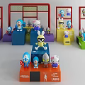 Colorful Dolls Display Featuring Various Characters On Multicolored Stands And Sports Themed Setup