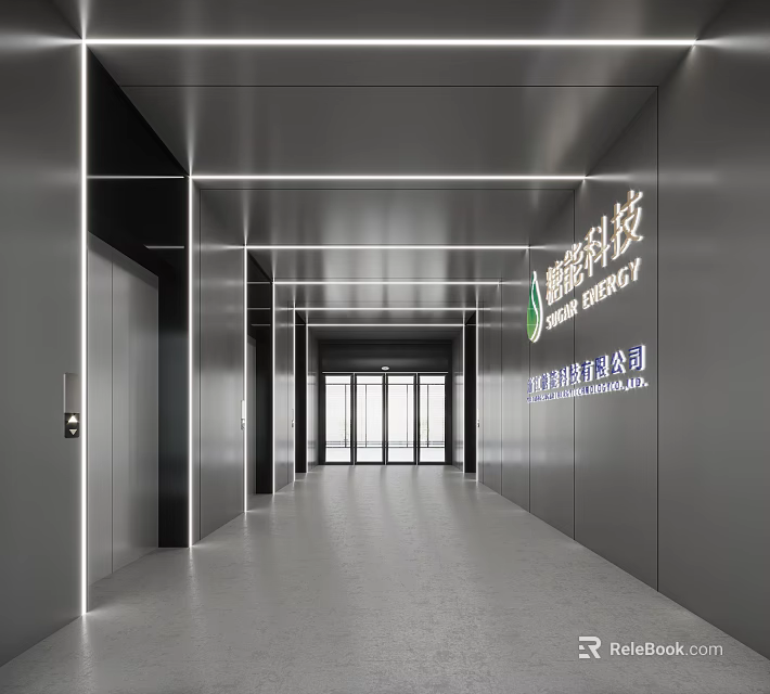Sleek Modern Office Elevator Corridor With Smooth Metallic Surfaces Linear Lights And Corporate Logo 3d model 