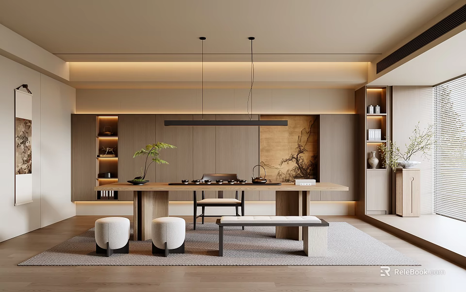 Modern Open Tea Room Interior Design With Wooden Table And Tea Set 3d model 