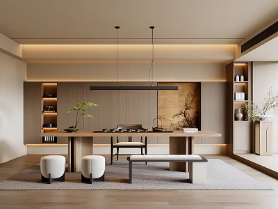 Modern Open Tea Room Interior Design With Wooden Table And Tea Set 3d model