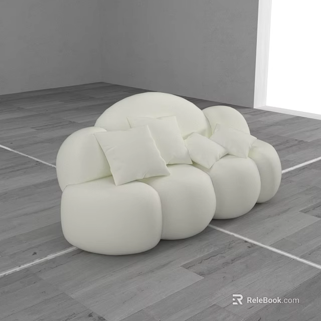 White Curved Sectional Sofa With Soft Pillows In Minimalist Gray Floor Interior Room 3d model 