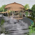 Garden Landscape With Bamboo Pavilion Misty Atmosphere And Lush Green Plants