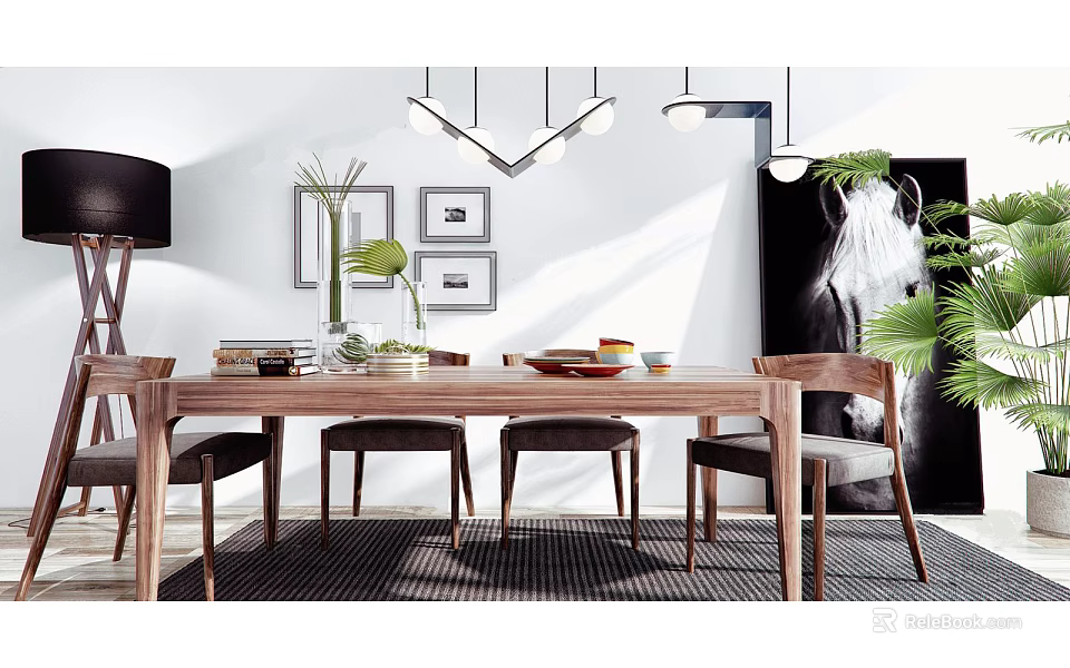 Wooden Dining Table Set with Chairs Pendant Lights Wall Art and Green Plants 3d model 