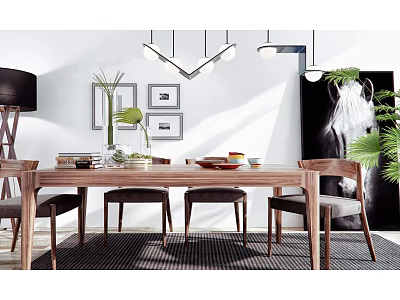 Wooden Dining Table Set with Chairs Pendant Lights Wall Art and Green Plants 3d model
