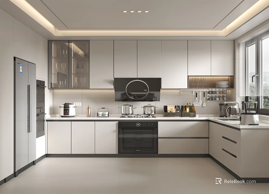 Modern Kitchen Interior With Light Colored Cabinets Built in Appliances And Range Hood 3d model