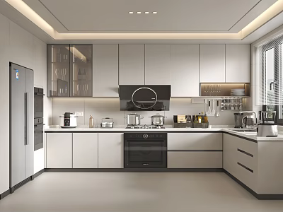 Modern Kitchen Interior With Light Colored Cabinets Built in Appliances And Range Hood 3d model