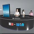 Black Curved Design Exhibition Reception Desk With Large Screen Information Sign And HH Win Logo