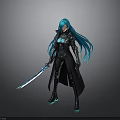 3D Character With Long Blue Hair Black Outfit And Glowing Blue Sword