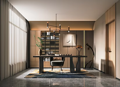 Modern Study Desk and Chair Writing Desk Bookcase Desk Lounge Chair Chandelier Decorative Cabinet 3d model