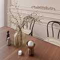 Modern Wooden Dining Table Set with Black Woven Back Chairs Vase White Flowers Coffee Cups