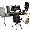 Modern Home Office Desk And Chair Set With Computer Monitor Headphone Stand And Guitar