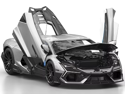 Sleek Sports Car With Scissor Doors And Open Hood Showing Engine 3d model