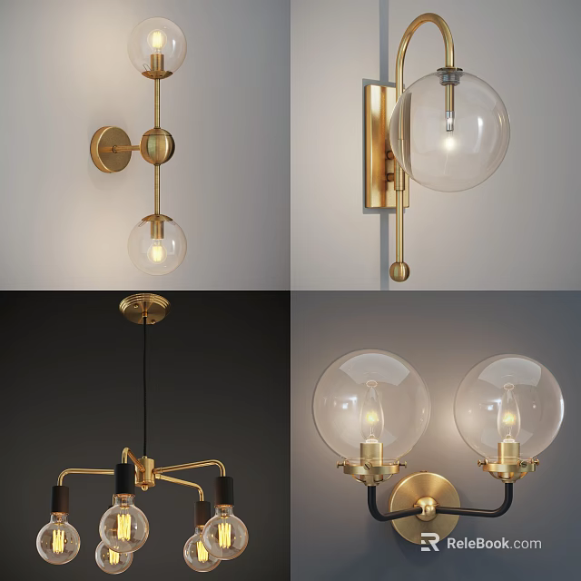 Modern Lighting Combinations of Wall Sconces and Chandeliers with Brass Frames and Glass Globe Shades 3d model 