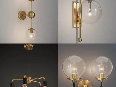 Modern Lighting Combinations of Wall Sconces and Chandeliers with Brass Frames and Glass Globe Shades 3d model
